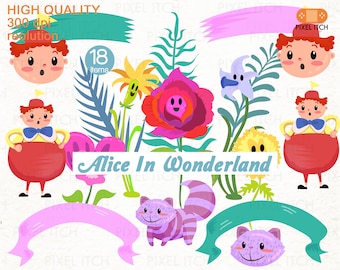 Alice In Wonderland ClipArt. Flowers Clipart. Tweedledee Clipart. Cheshire Cat. Ribbon Banner Clipart. Garden Clipart.