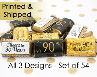 Happy 90th Birthday Party Favors - Gold & Black - Cheers to 90 Years Old - Decoration Stickers for Hershey's Miniature Bars (Set of 54)