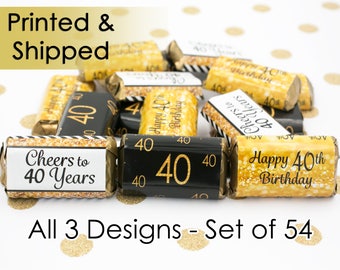 Happy 40th Birthday Decorations - 40th Birthday Gold & Black Party Favors - 40th Birthday Decor - 54 Stickers for Hershey's Miniature Bars
