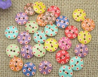 15 colorful wooden button with polka dots