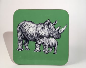 Hand Drawn Green Rhinoceros Animal Coaster - Rhino Gift