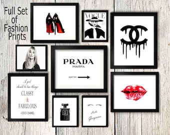 Fashion set prints, Coco Chanel perfume print, kate moss wall art, eyelashes poster, prada sign, heels print make up wall art,magazine cover