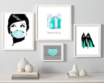 Audrey Hepburn bubble gum print Breakfast at Tiffany's Digital Download heart print heels fashion Wall art Tiffany&co box set of 4 prints