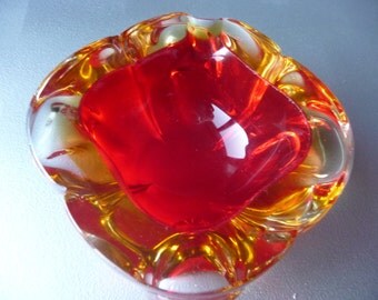 Retro Red Yellow Summerso Murano Cased Geode Style Art Glass Ashtray Bowl Dish
