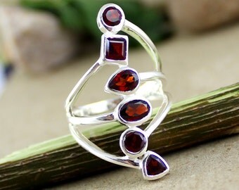garnet silver ring, long garnet ring, sterling silver ring, multi shape ring, big women ring, garnet jewelry, girls casual ring, gift ring