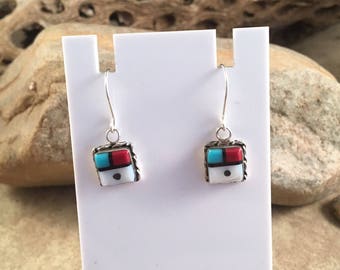 Vintage Zuni Multi Stone and Sterling Silver Inlay Dangle Earrings