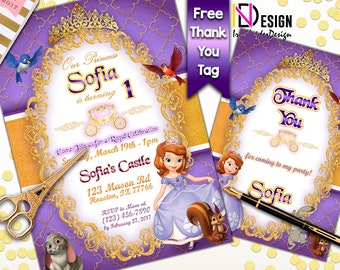 Sofía la primera invitación y libre gracias etiqueta, Sofía la invitación de la princesa, invitación de Sofía, Sofía gracias tarjeta, archivos digitales