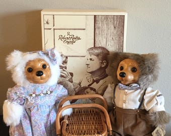 Limited Edition Robert Raikes Original Alec & Allison Picnic Pair Bears- Vintage Wooden Faced Teddy Bears- Applause Raikes Bears