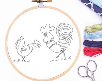 Rooster and Hen Hand Embroidery Pattern Vintage Hand Embroidery Design PDF File Embroidery Pattern Printable Embroidery Pattern Chickens