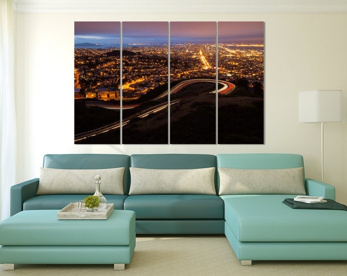 San Francisco night modern wall art print, romantic San Francisco cityscape digital wall art print of 3 or 5 canvas set