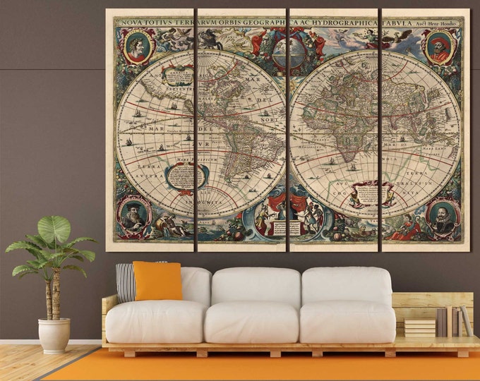 Vintage 1641 World Map Canvas Art, Old World Map, Vintage Wall Art, Double Hemisphere Map, Vintage World Map Print, Antique World Map