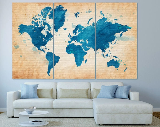 Large watercolor blue world map art canvas print set, watercolor world map wall art print, blue world map watercolor abstract art print set