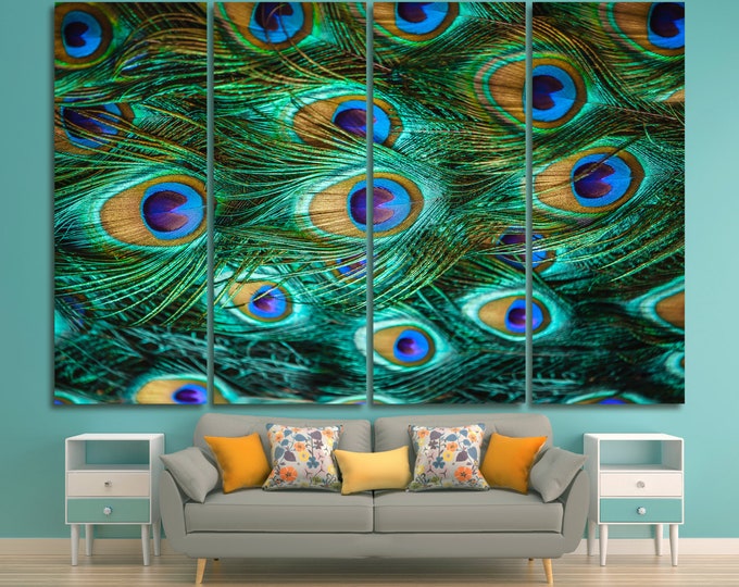 Peacock feather psychedelic abstract digital wall art print set of 3 or 5 panels, abstract digital peacock wall art decor print art canvas