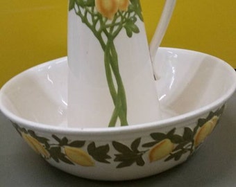Sarrequemines Pottery Jug & Basin decorated with a lemon tree design (very large)