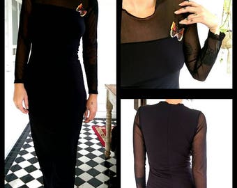 Net micro mesh maxi body con goth dress butterfly embroidered applique cyber matrix clubkid