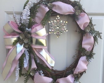 Winter Wreath, Pink Silver Wreath, Snowflake Wreath, Wreath Street Floral, Grapevine Wreath, Wreath, Door Wreath