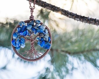 Tree-of-life Pendant, Sodalite Necklace, Copper Wire Wrapped Jewelry, Protection Talisman, Amulet, Family tree, Blue Pendant, Yoga Jewelry