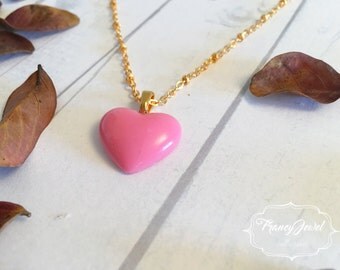 Heart, gold necklace, heart charm, pink heart necklace, lovely pendant, handmade jewelry, gift for her, made in Italy, Christmas gift