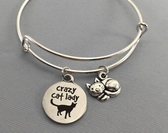 Cat - Cat Jewelry - Crazy Cat Lady - Cat Lover Gift - Charm Bracelet - Cat Bracelet - Bangle Bracelet - Valentines Gift - Cat Charm Bracelet