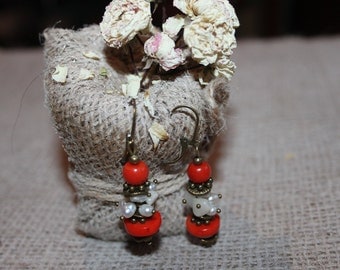 Orange coral earrings, Coral and pearl dangle earrings, Classic natural coral earrings, Coral jewelry, Pearl jewelry