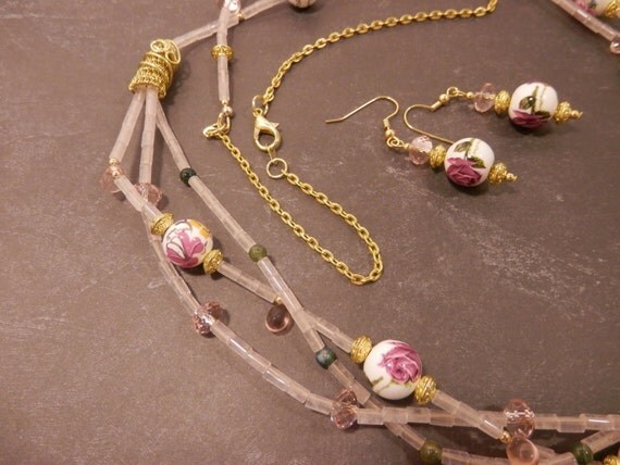 Items similar to Handmade Braided 3 Strand Rose Quartz Necklace Set