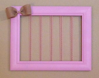 Pink hair bow holder; hair bow storage, hair bow organizer, hair bow display, upcycled picture frame, burlap and lace, girls room decor