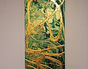 3d Abstract Textured Painting - 12x36 inch - Green and Gold
