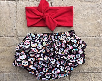 Sugar skull diaper cover,baby diaper cover,ruffle diaper cover,baby girl clothes,baby head wrap,sugar skull bloomers,toddler bloomers,baby