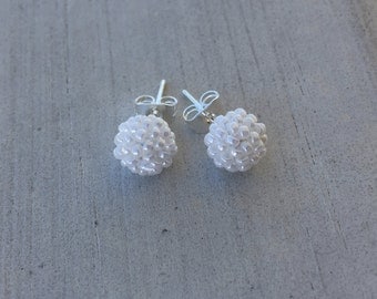 Pearl White Stud Earrings; Seed Beaded Earrings; Silver-Plated Studs; Wedding Stud Earrings; 6-8mm Round Stud Earrings; Women/Teens/Girls
