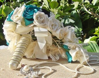 Teal teardrop bouquet,Cascading bridal bouquet wedding teardrop, lace pearl brooch vintage, butterfly Bouquet