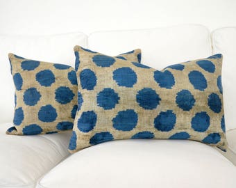 All Size Handwoven Silk Organic Modern Blue, Beige Silk Ikat Velvet Pillows, ikat pillow, velvet pillow, ikat, blue, velvet, throw pillow