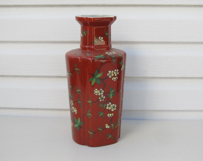 Vintage red vase, ACF Japanese porcelain ware, quatrefoil dark red vase with cherry blossom, plum blossom, decorated in Hong Kong