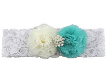 Beautiful Ivory and Torquoise Flower Headband, Lace Hair Band, Headwear For Baby Girl, Toddler Baby Show Photo prop