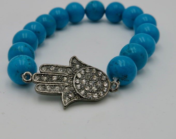 Natural Healing Spiritual Crystal Hamsa Stretch Bracelet. Hand of Fatima all Natural Turquoise Beaded Healing Powerful Bracelet.