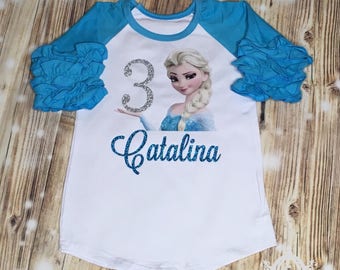 Elsa Frozen Birthday Shirt, Ruffle Raglan with Sequin Pants, Personalized with Name and Age