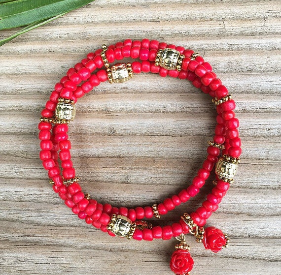 Items similar to Bright red rose gold plated metal stackable beaded ...