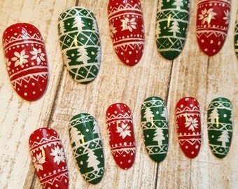 Christmas fake nails | Etsy