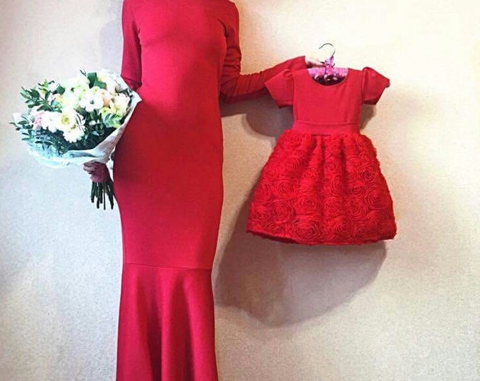 Christmas Matching mom and daughter deep V open back long dress, Mother Daughter matching flower lace dress Red dress with flowers Mermaid