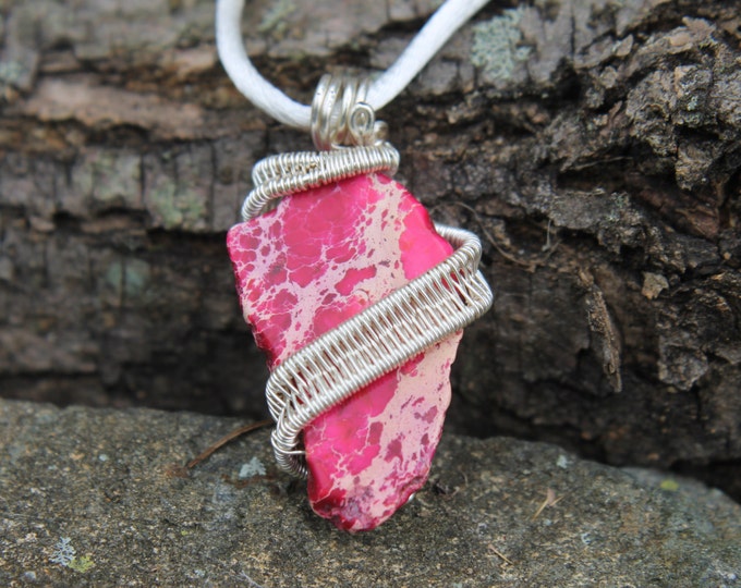 Pink Aqua Terra Imperial Sea Jasper with Silver Wire Wrap; Ocean Jasper, Gift for Mom, Sister, Daughter or Her, Wire Weave, Stone Jewelry