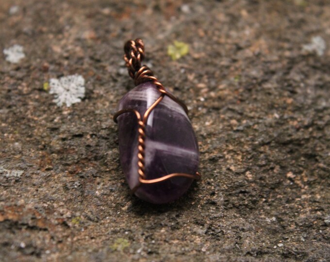 Tumbled Amethyst Pendant Wire Wrapped with Twisted Copper Wire