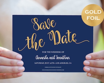 Save The Date Template - Navy Blue and Gold Save The Date Printable - Navy Gold Wedding - Save The Date Downloadable Wedding #WDH782135