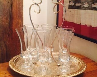 Collectable, Vintage, Pretty,Delicate Silver Decorated, Plated Tray, with handle, carrying 6 x 11cm Vintage, Collectable Sherry Schooners