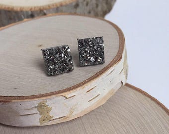 Square Druzy Earrings - 10mm - Gun Metal