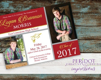 Elegant Graduation Invitation with 2 photos - Custom Colors Available - Size: 5"x7"