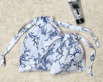 printed white smallbags blue coral - 2 sizes - cotton bags - zero waste