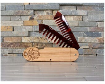 Sugar Skull Wood Beard Comb, Wood and Acrylic Folding Comb