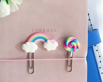 2 x Planner Clips, Polymer Clay Lollipop and Rainbow Page Markers, Bookmarks, Stationery and Planner Accessories