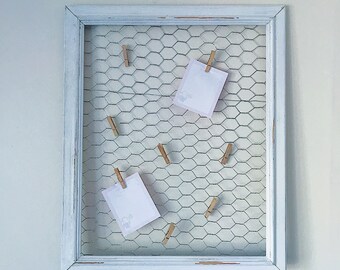 Large shabby chic chicken wire timber photo frame and peg notice board