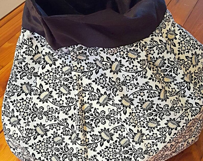 Black Gold and White Floral Large Purse - Hobo Bag- Large Tote - Gift for Her - Slouch Bag - Over the shoulder - Diaper bag -Pleated Purse