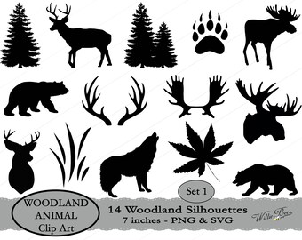 Woodland Animal Silhouette Clip Art - 7 inches - PNG & SVG files - Deer - Moose - Bear- Wolf - Woodland Clipart - INSTANT Download